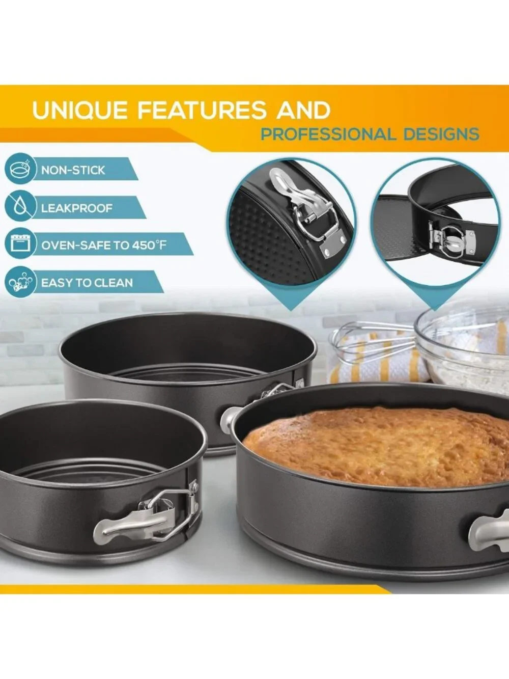 Non-Stick Springform Pan Set of 3 - Leakproof Round Cake Pans, 6
